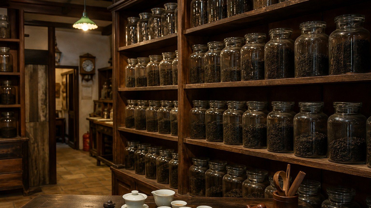 潮州老城茶行内景,木架上摆满茶叶玻璃罐与试茶器具