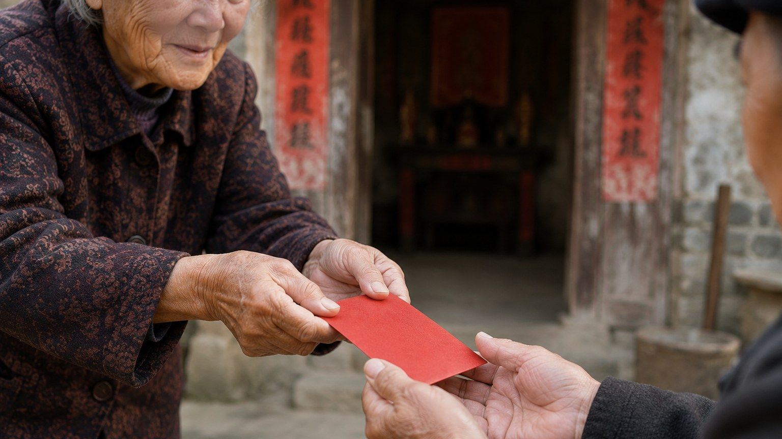 双手递上红包给潮汕乡村长辈的场景