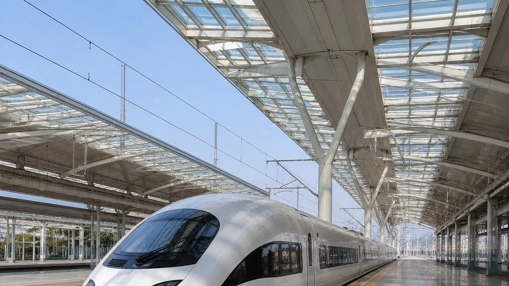 中国高铁站台上停靠的白色动车组列车