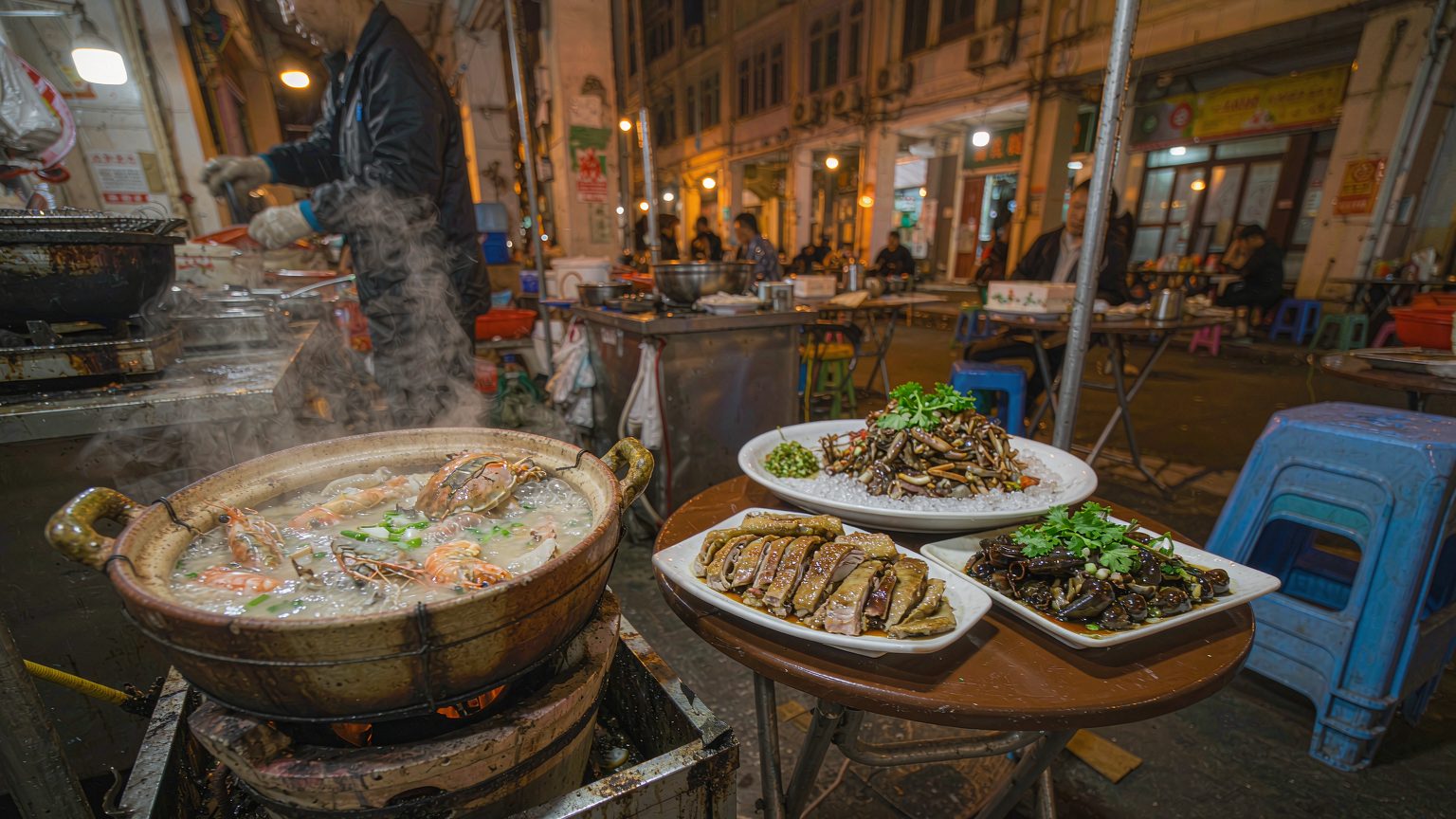 潮汕夜晚大排档:炭炉上的海鲜砂锅粥冒着热气,旁边是卤鹅与打冷拼盘