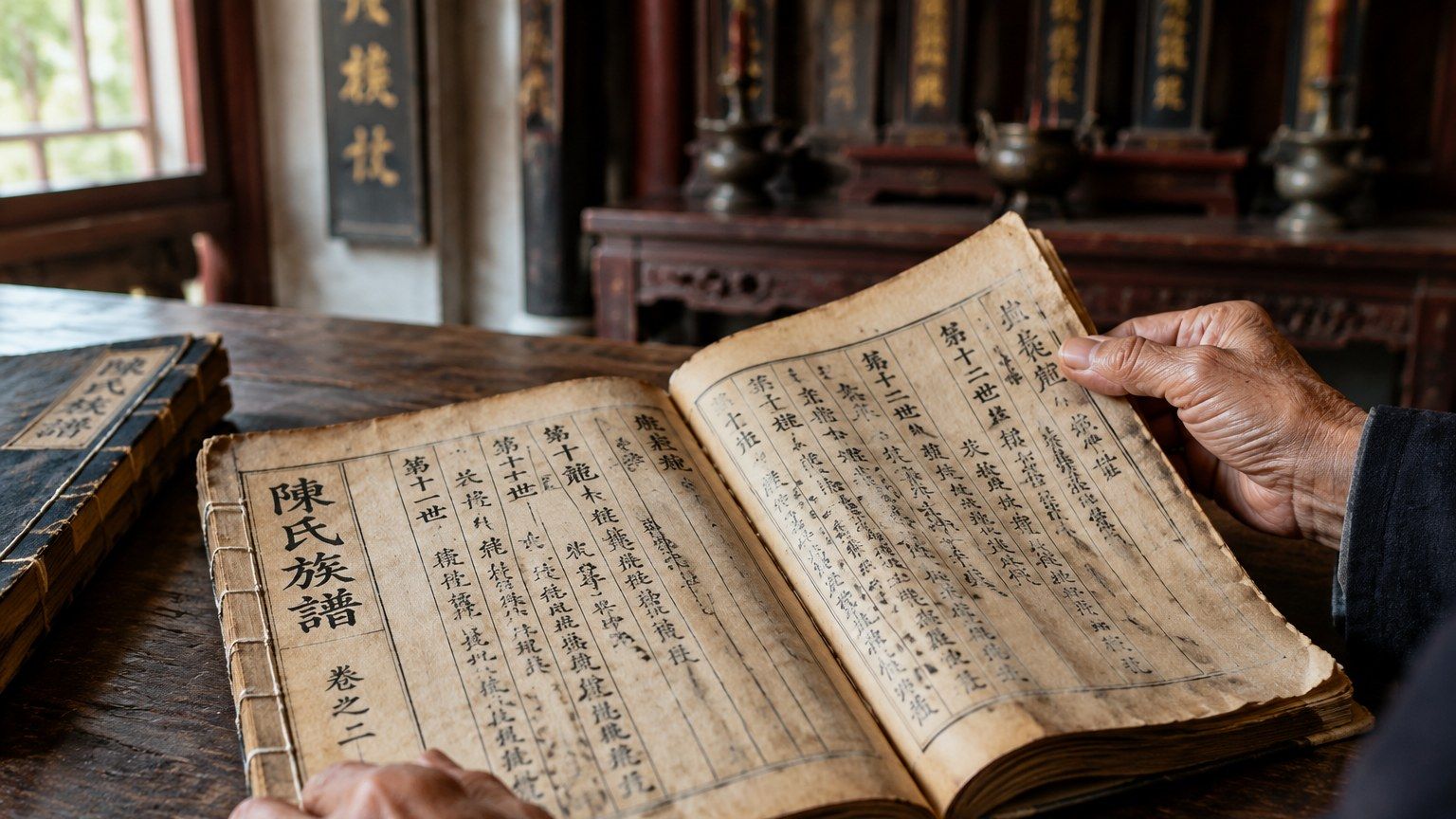 潮汕祠堂内翻阅线装族谱的老人的双手
