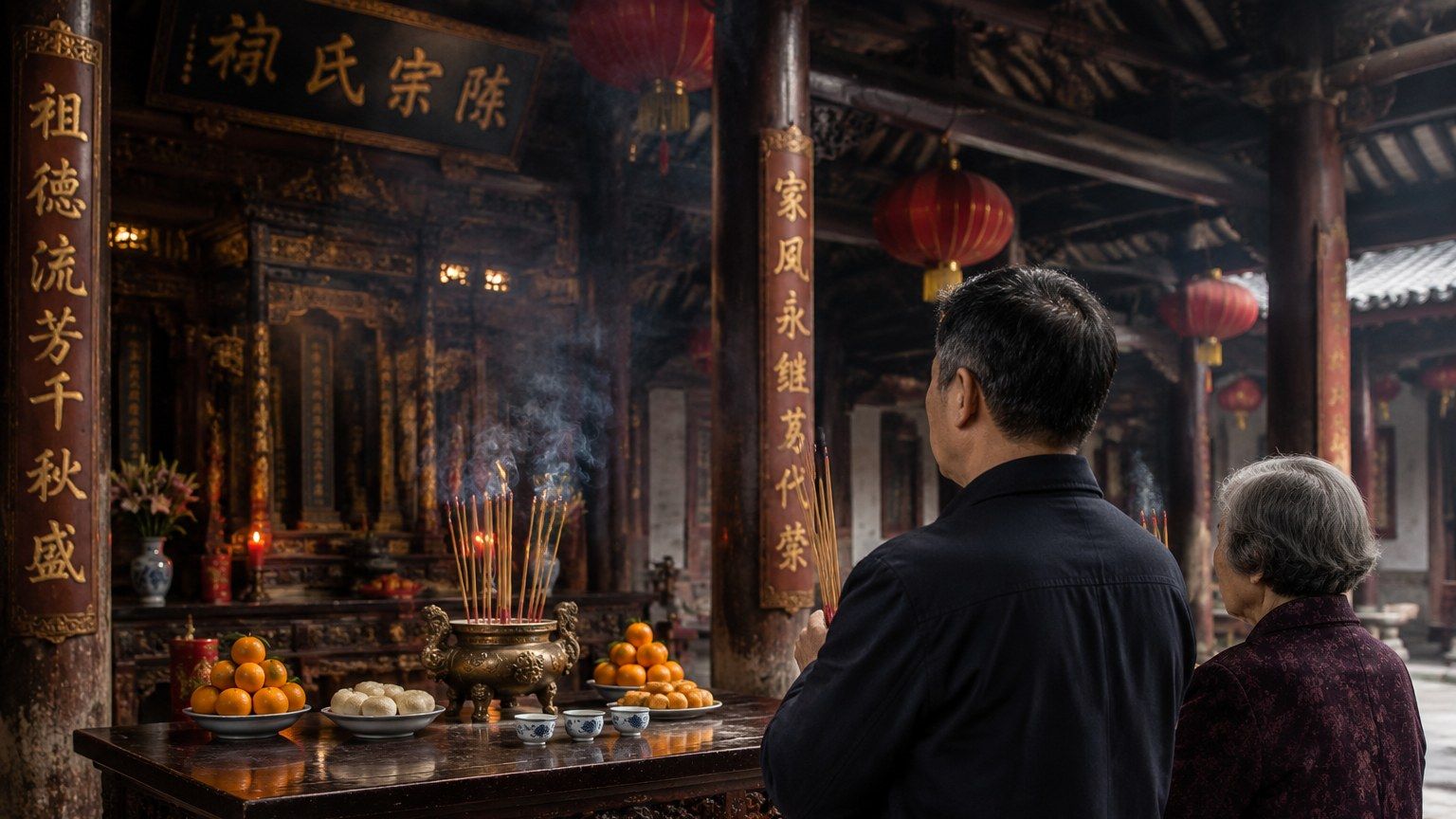 潮汕宗祠内长辈带海外后代上香行礼的场景