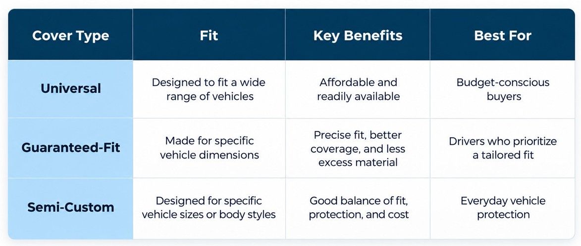 Universal vs Guaranteed-Fit vs Semi-Custom Car Covers