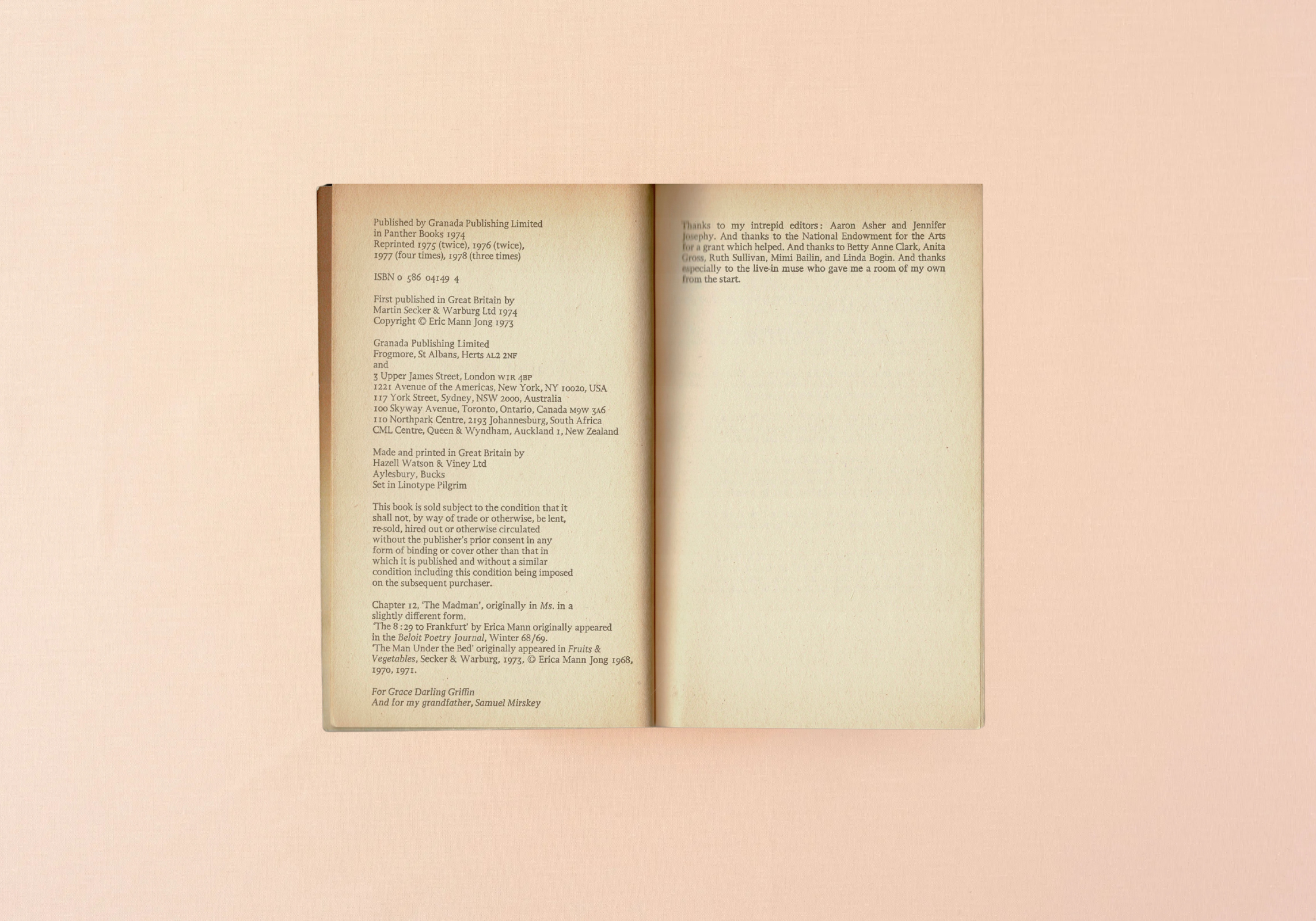 Fear of Flying by Erica Jong, imprint page