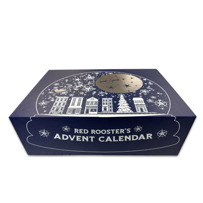 Red Rooster 2026 Advent Calendar Dark Blue Box with white and silver detail on white background