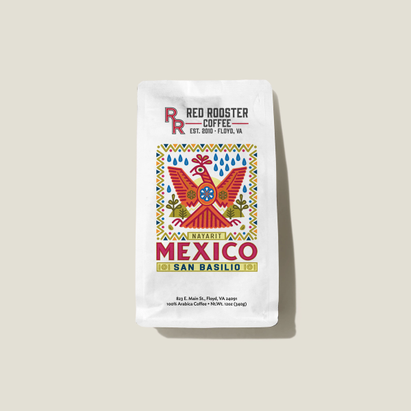 Red Rooster Coffee Mexico San Basilio Nayarit coffee bag on a beige background