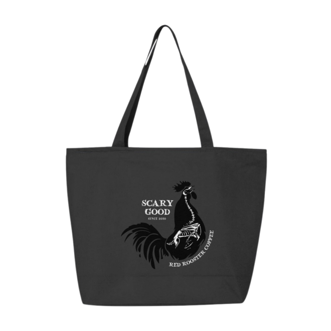 Dark grey/black tote with scary good since 2010 and red rooster coffee rooster skeleton in white.