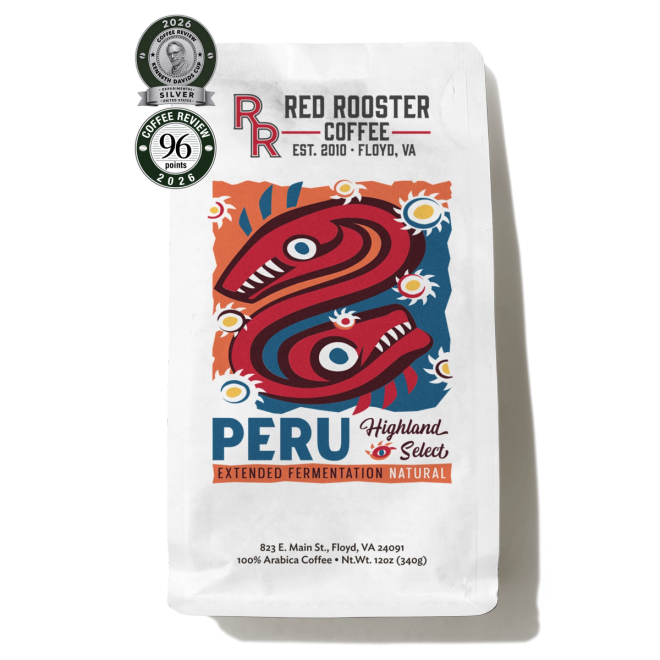 Red Rooster Coffee Peru Highland Select coffee bag on a white background