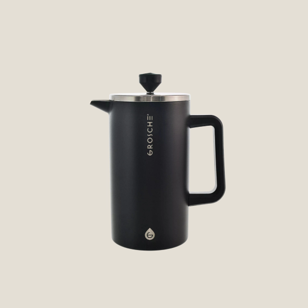 Grosche Brand Black Insulated Stainless Steel French Press on tan background