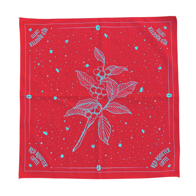 Red bandana with teal screen printed coffee plant