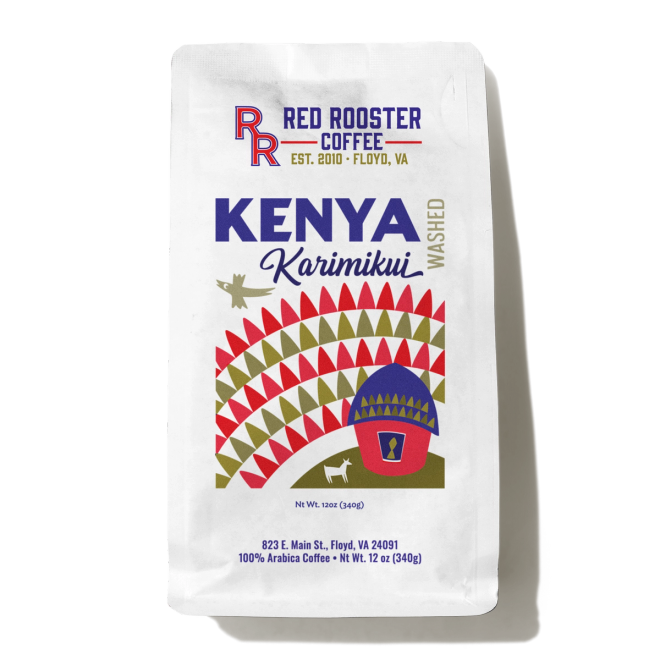 A white bag of Red Rooster Coffee Kenya Karimui Washed Arabica coffee, featuring a colorful graphic of a red and green patterned hillside with a small red house on the front.