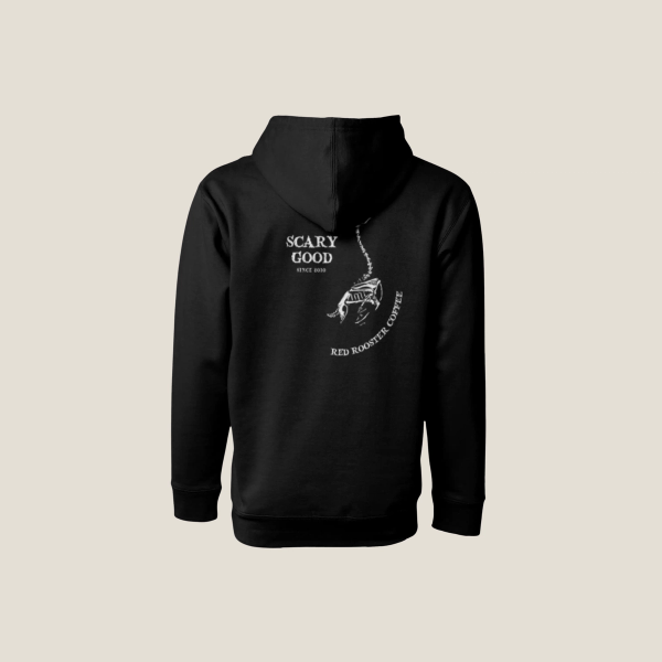 Black Scary good Unisex Pullover Hoodie from back with Scary Good since 2010 and Skeleton rooster logo