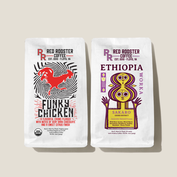Two Red Rooster Coffee packages, one labeled 'Funky Chicken' and the other 'Ethiopia Worka Sakaro', on a tan background.