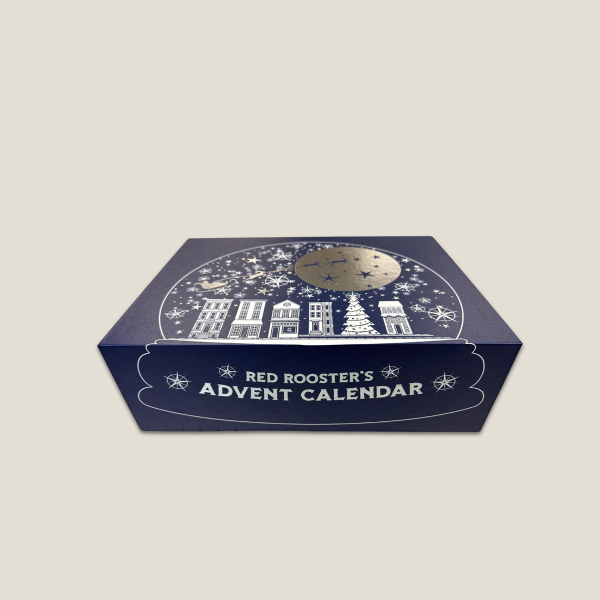 Red Rooster 2026 Advent Calendar Dark Blue Box with white and silver detail on tan background