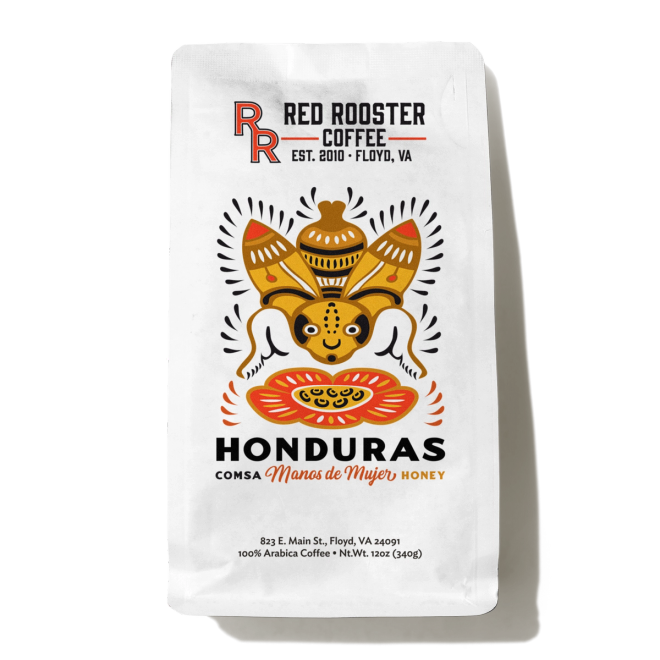 A white bag of Red Roaster Coffee's Honduras Consa coffee, featuring a detailed orange and black graphic of a traditional bird or bee on the front, set against a plain white background.