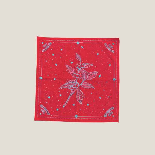 Red bandana with teal screen printed coffee plant