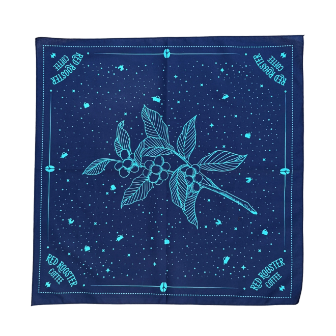 Navy bandana with teal screen printed red rooster coffee graphic