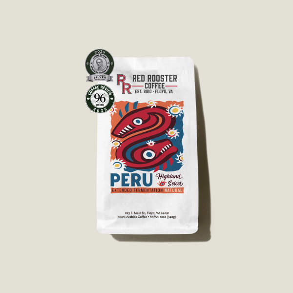 Red Rooster Coffee Peru Highland Select coffee bag on a white background