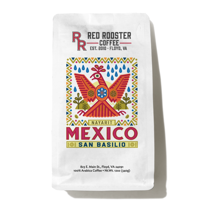 Red Rooster Coffee Mexico San Basilio Nayarit coffee bag on a white background