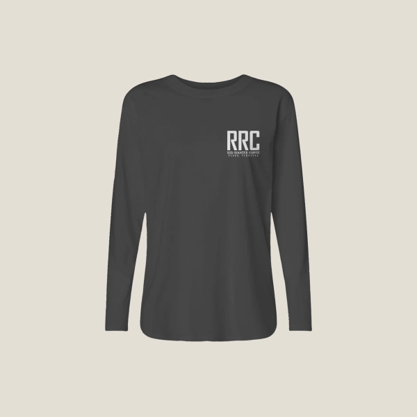 Scary Good Long Sleeve Women's Gray Tee, RRC on Front in white