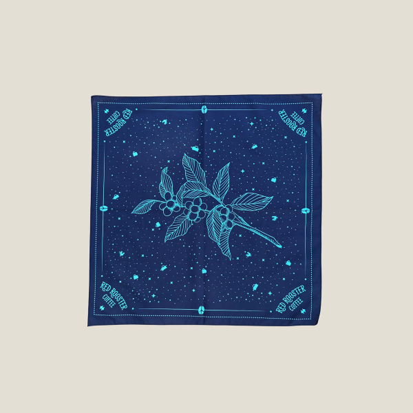 Navy bandana with teal screen printed red rooster coffee graphic