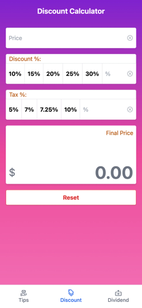 Screen showing discount calculators 