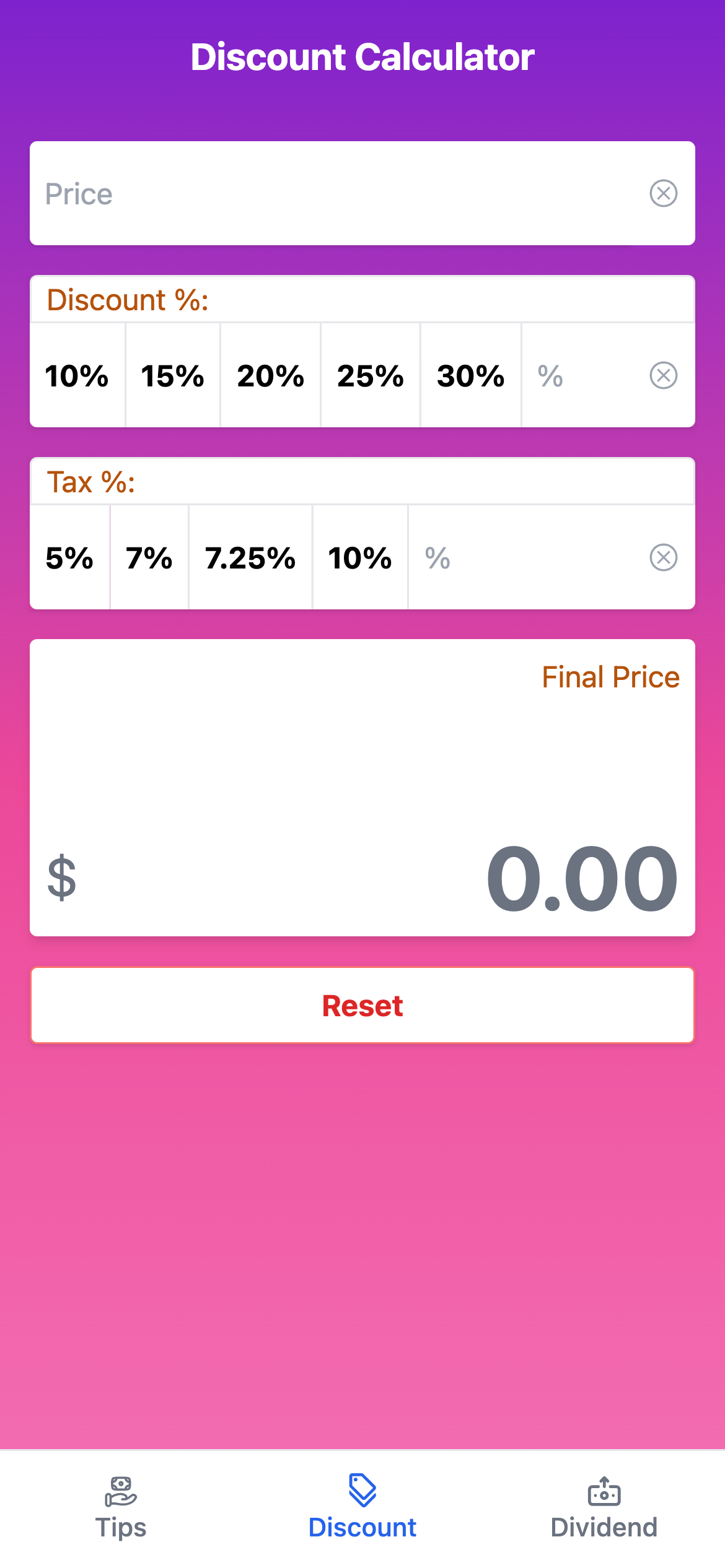 Screen showing discount calculators