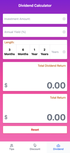 Screen showing dividend calculators 