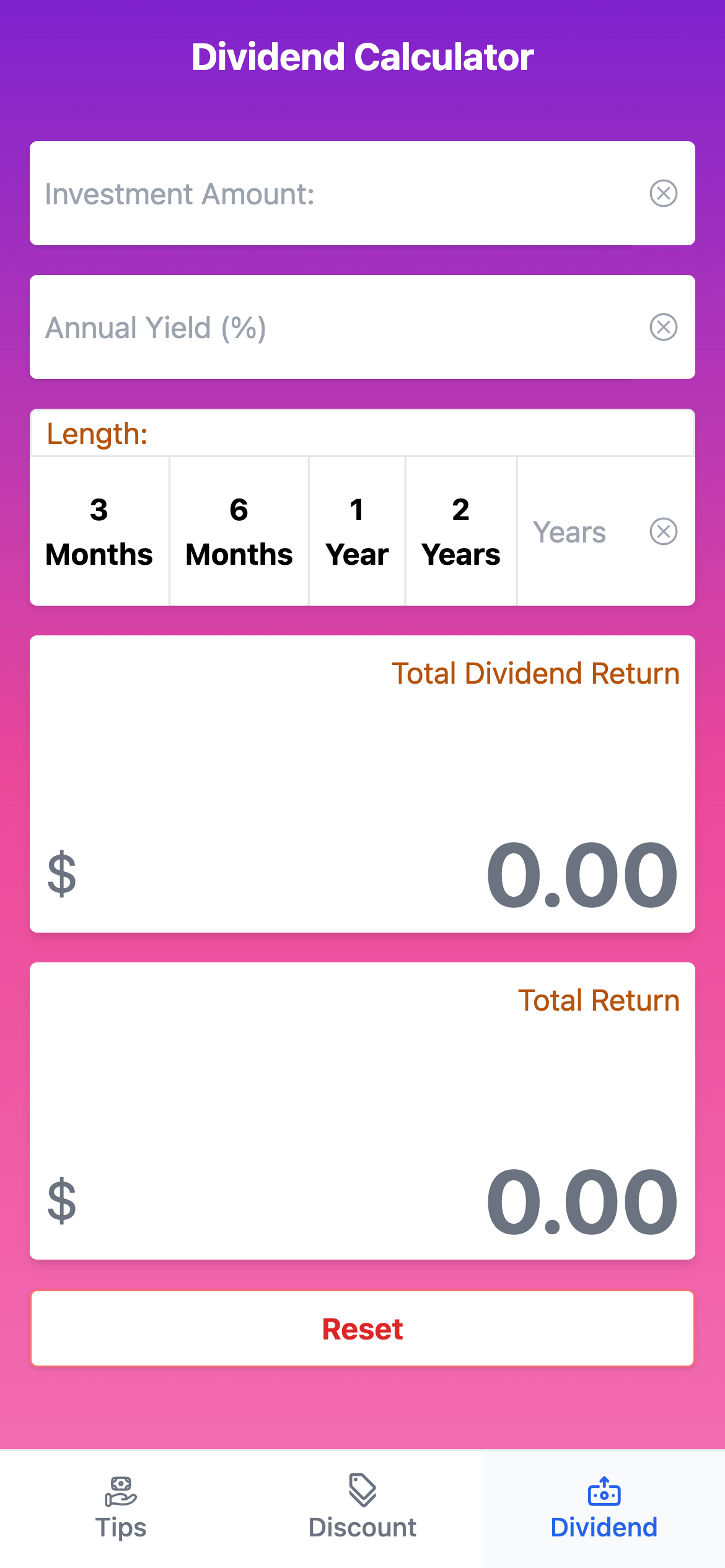 Screen showing dividend calculators