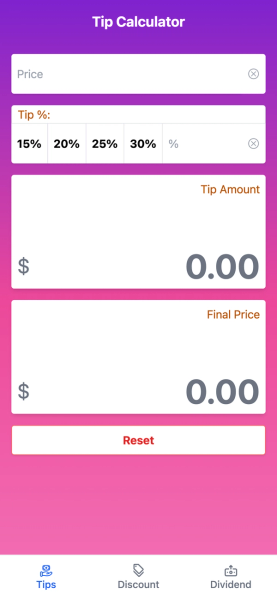 Screen showing tip calculators 