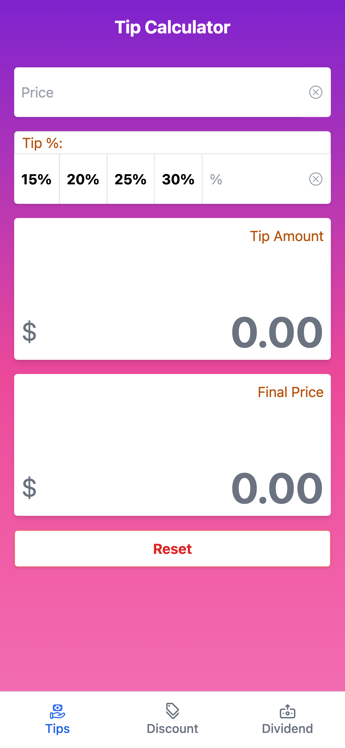 screen showing calculator toolkit app with tip, dividend and discount tabs
