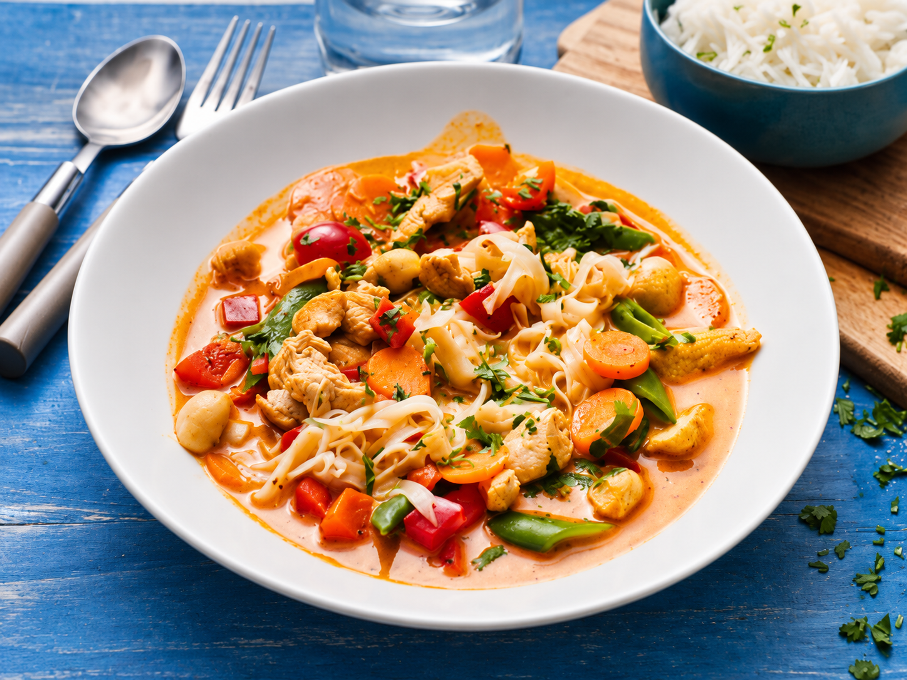 Rød thai-currysuppe med kylling og nudler