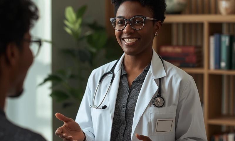A smiling mental health technician wearing a white lab coat and stethoscope, talking compassionately with a patient in a modern clinical setting.