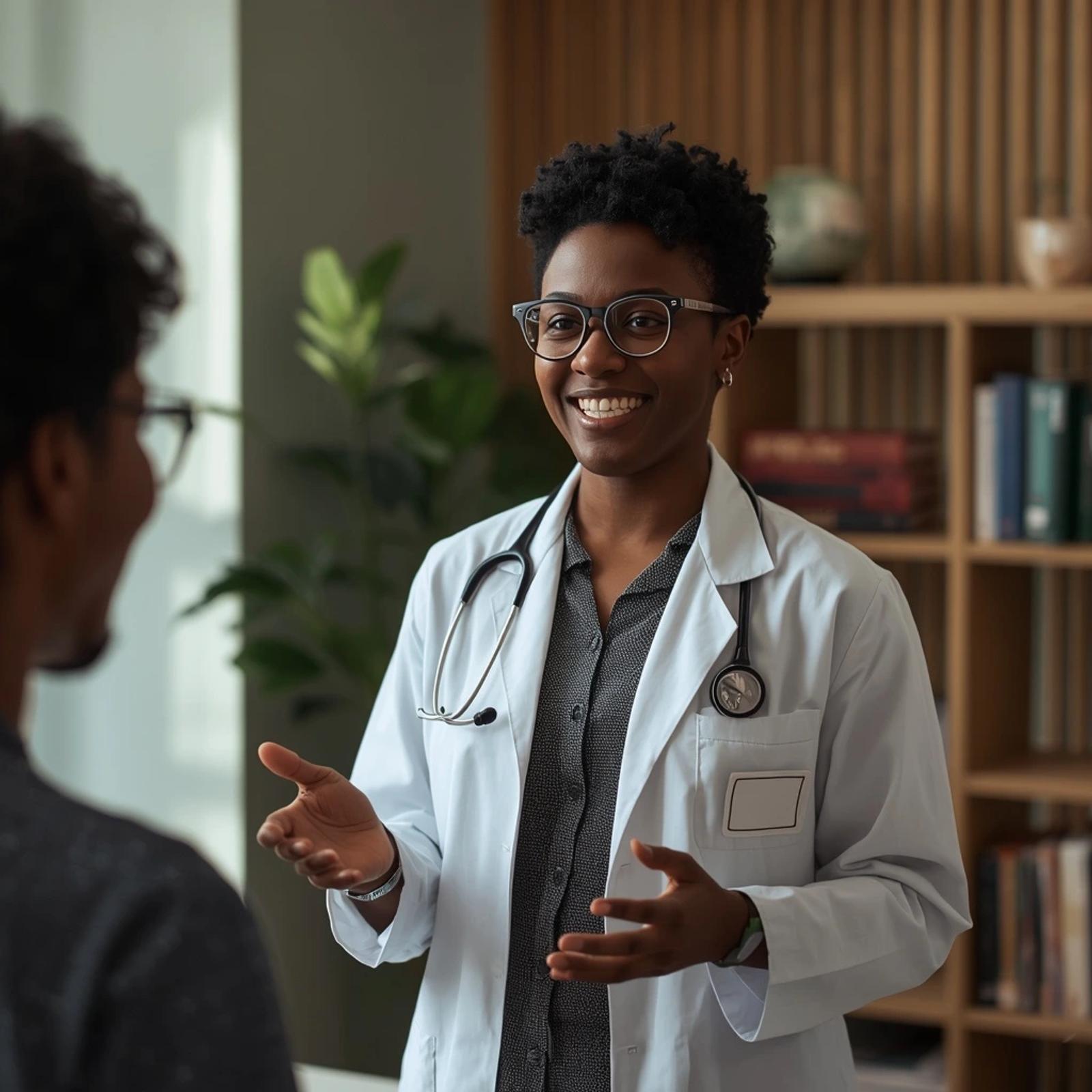 A smiling mental health technician wearing a white lab coat and stethoscope, talking compassionately with a patient in a modern clinical setting.
