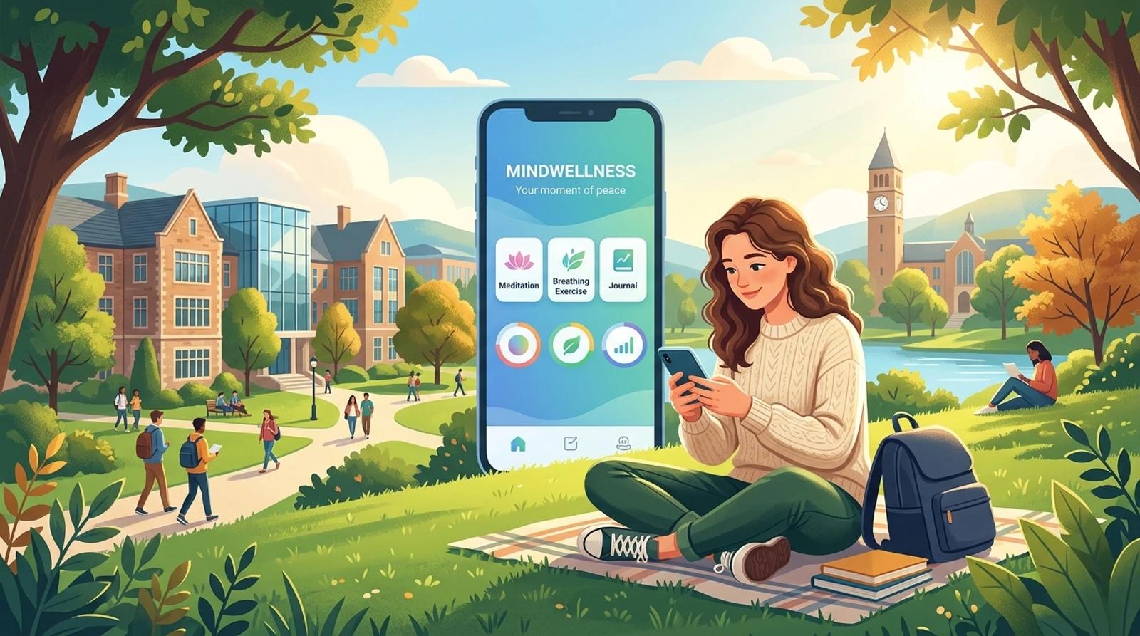A college student sitting peacefully on a sunlit campus lawn, using a mental wellness app on her smartphone to prioritize emotional health.