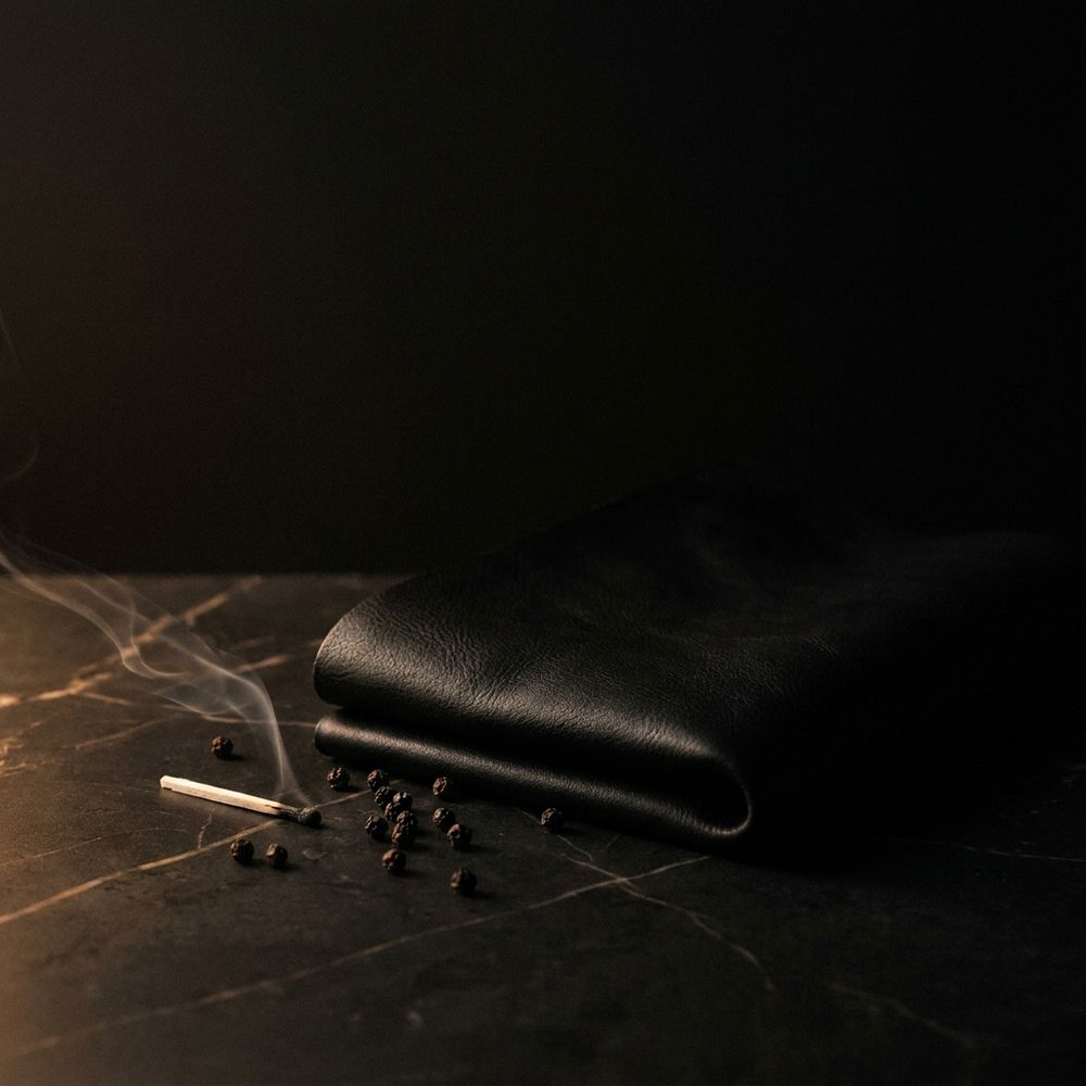 A folded piece of black leather on dark marble, beside scattered black peppercorns and a just-extinguished match still trailing smoke.