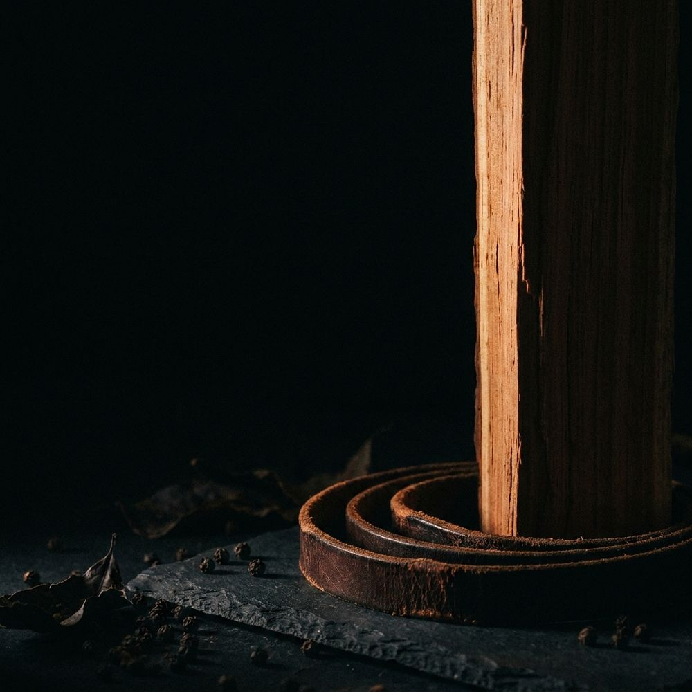 A split length of raw cedar lit along one edge, a worn dark leather strap coiled at its base on slate, with black peppercorns and dried leaves in shadow nearby.