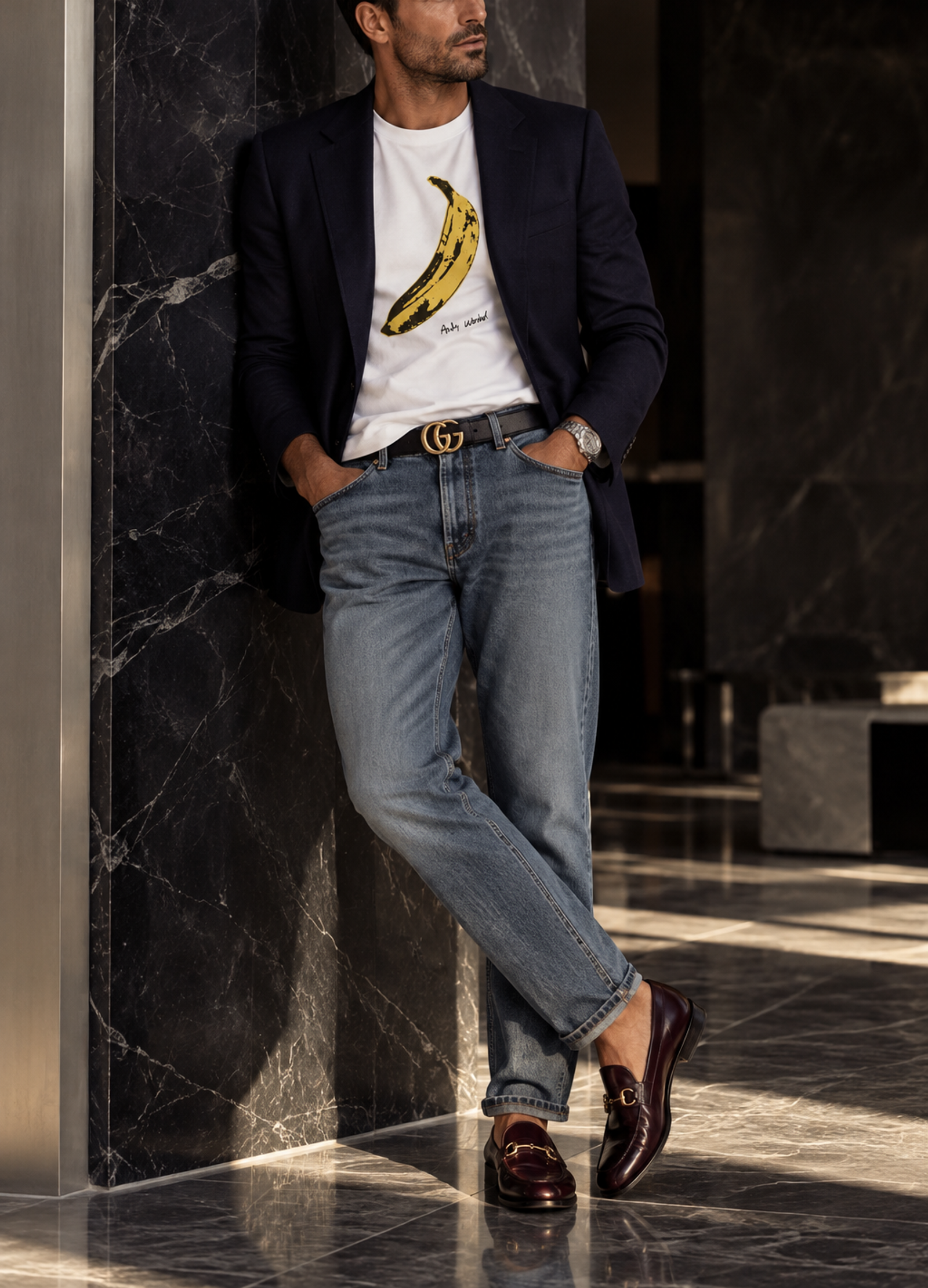 MAN WEARING GRAPHIC TEE BANANA WASHED DENIM AND GUCCI ACCESSORIES 