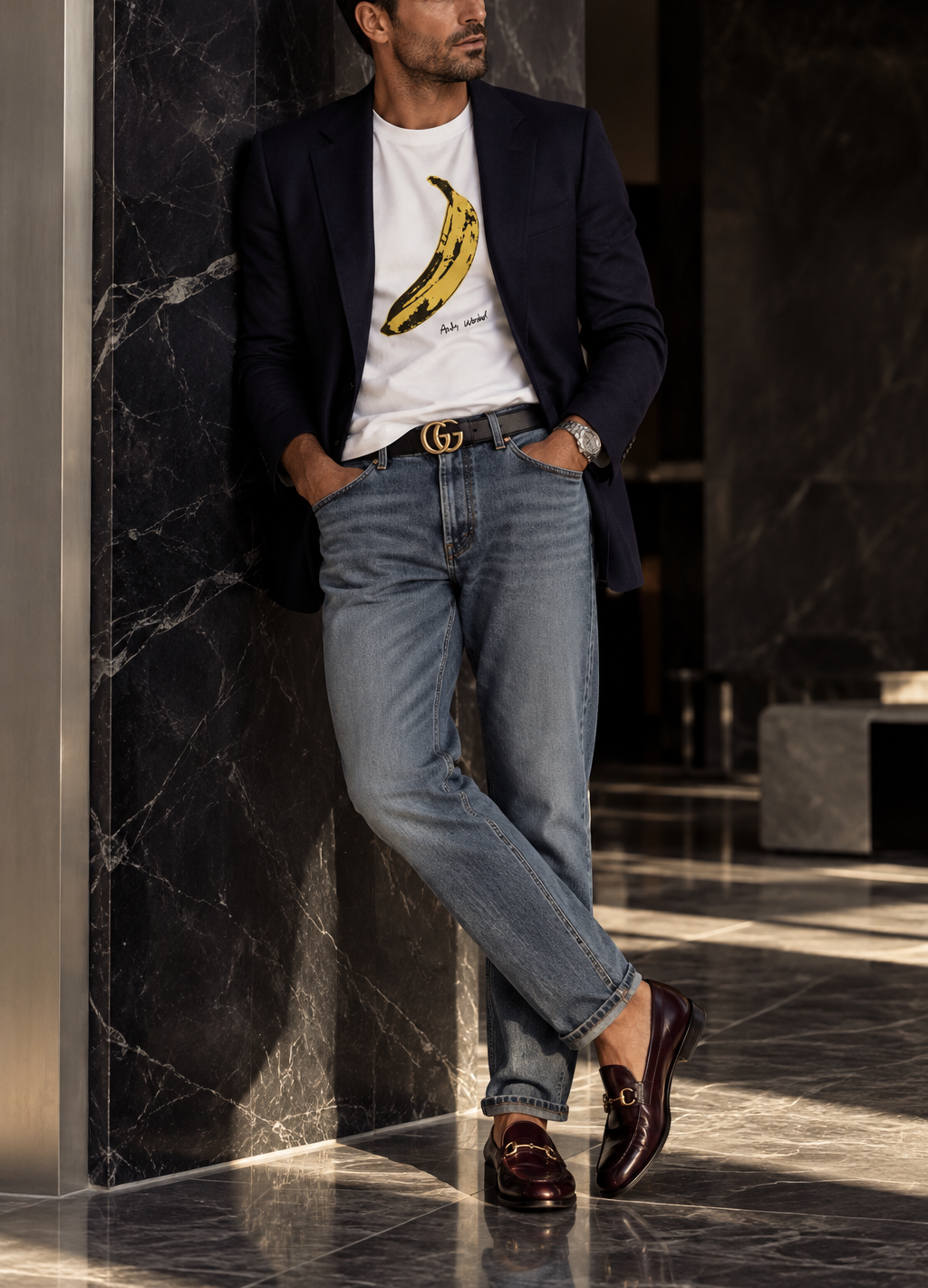 MAN WEARING GRAPHIC TEE BANANA WASHED DENIM AND GUCCI ACCESSORIES
