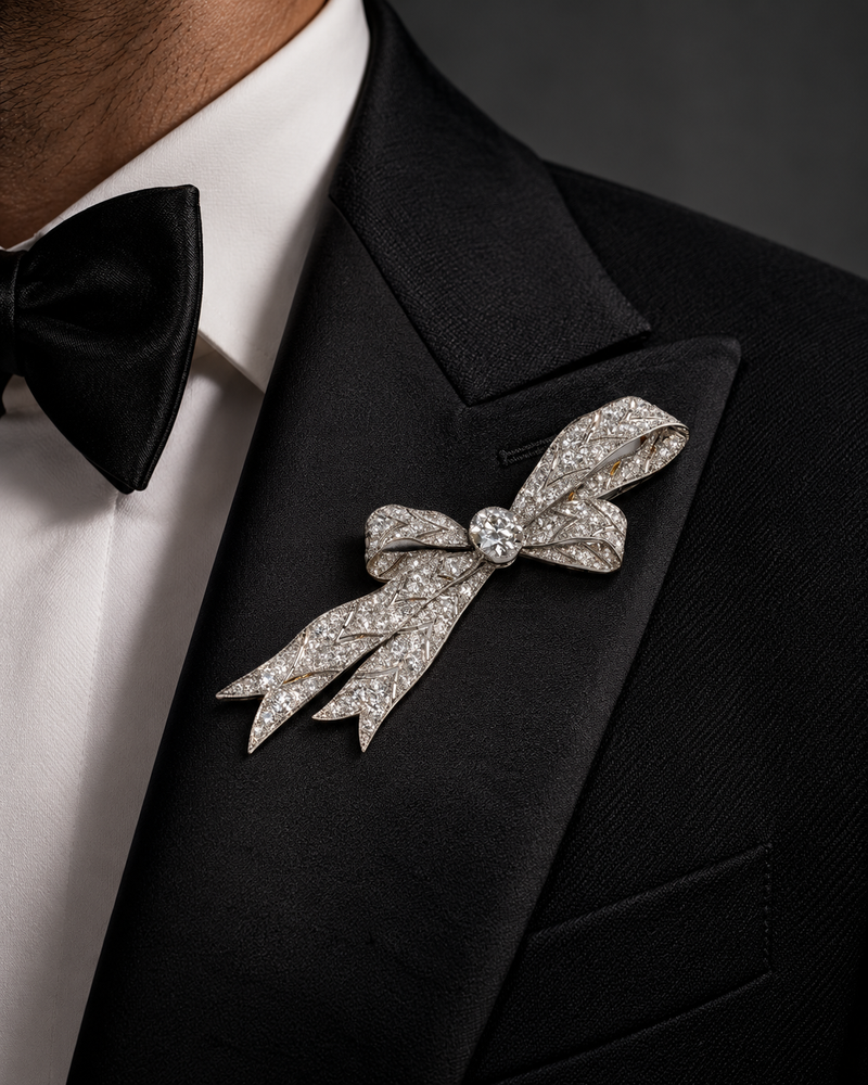 Diamonda brooch on bespoke tux
