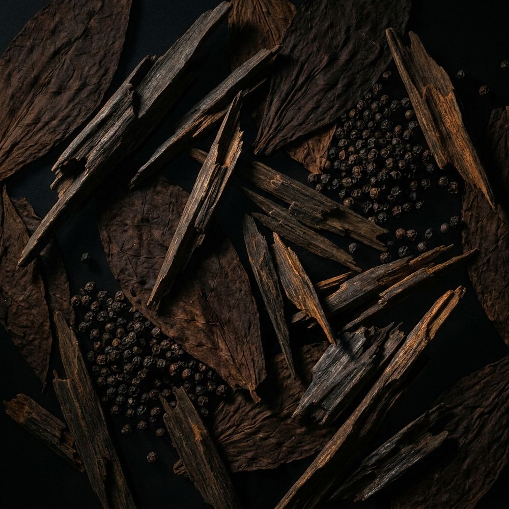 Overhead view of dried tobacco leaves, dark splinters of oud wood and scattered black peppercorns filling the frame in deep umber and near-black.