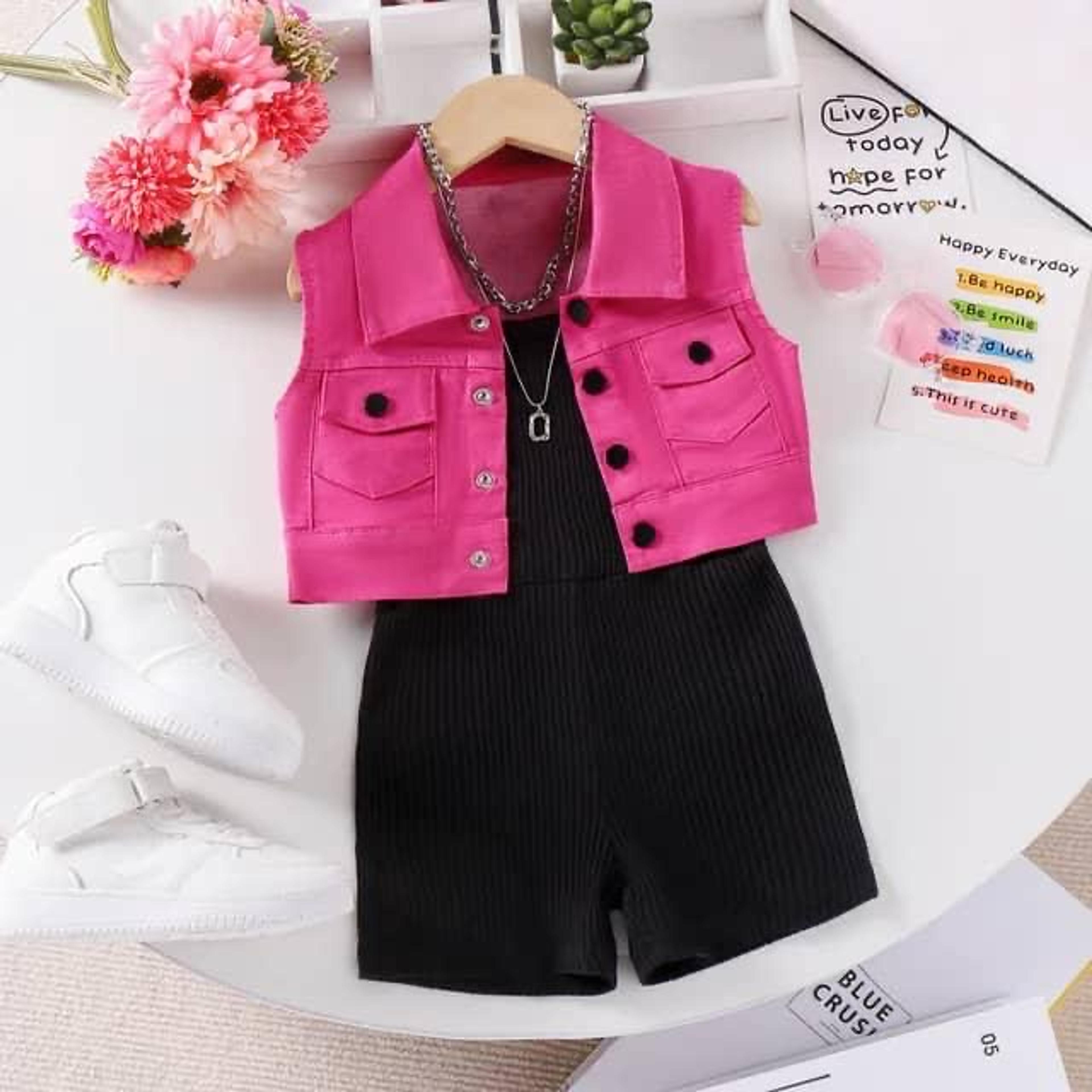 Girls' Pink Vest & Black Ribbed Shorts Set