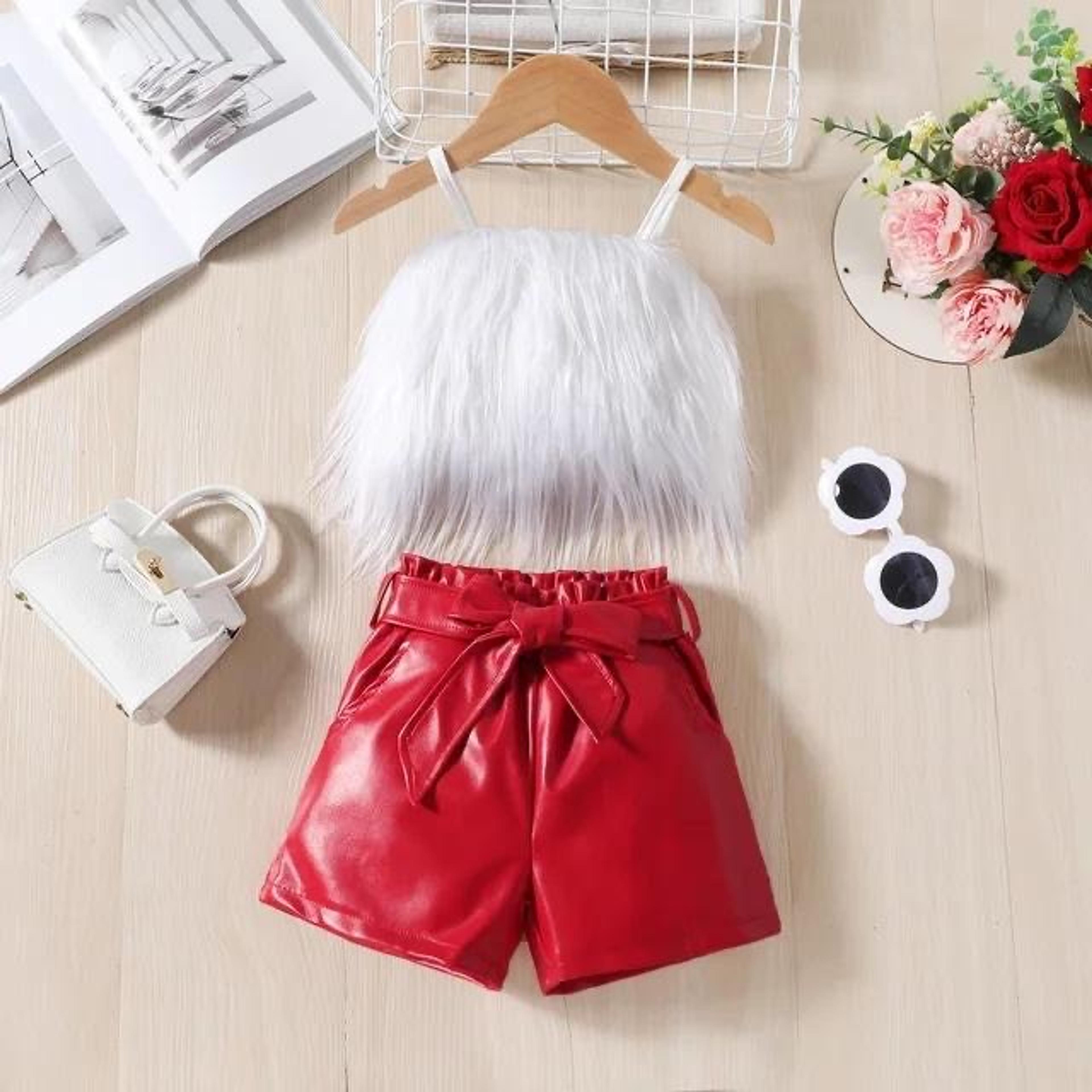 Girls' Faux-Fur Top & Red Bow Shorts Set