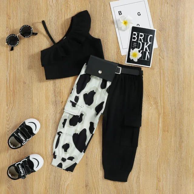 Girls' Black & White Print Cargo Pants Set