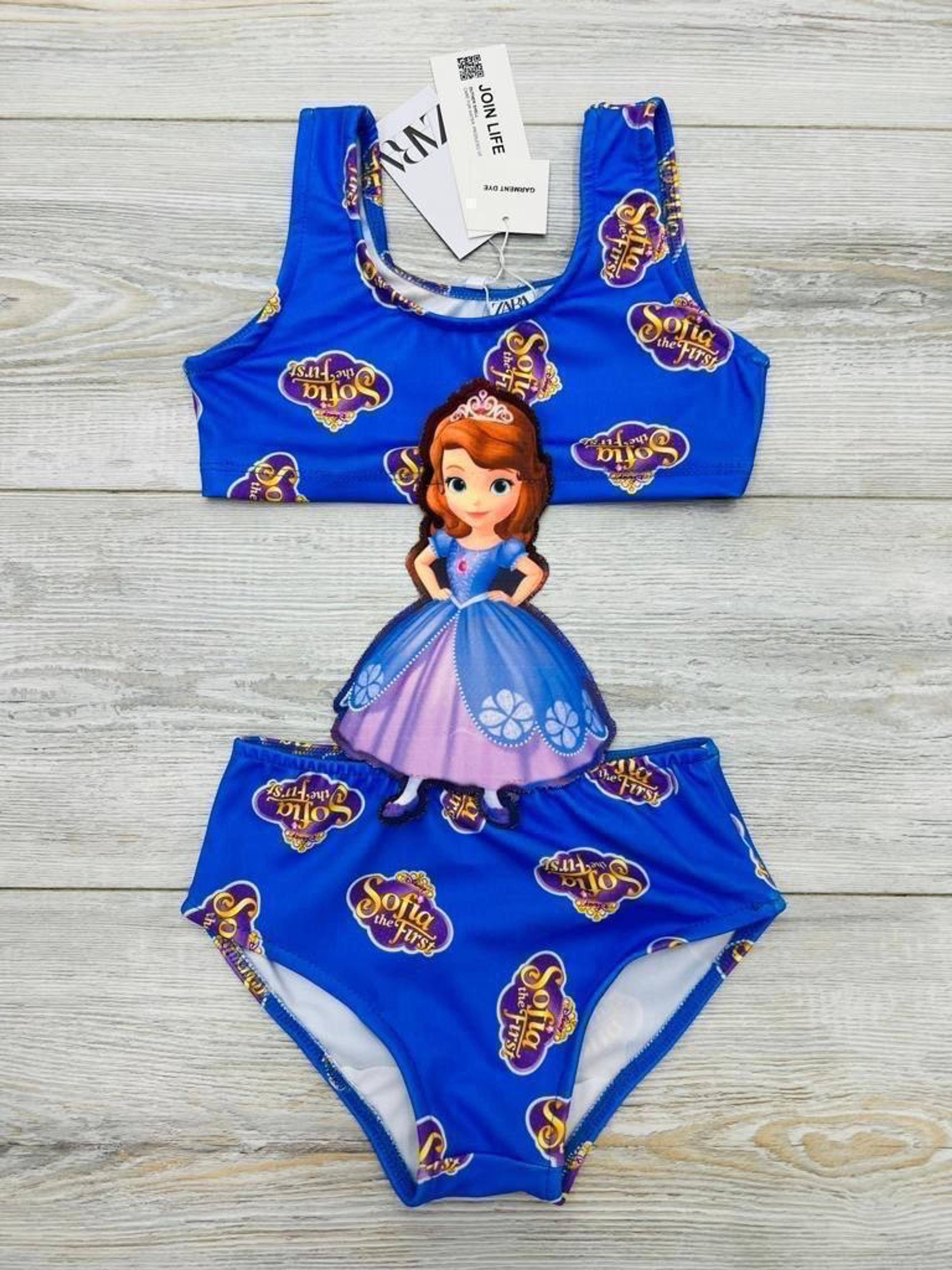 Girls' Blue Princess Print Two-Piece Swim Set