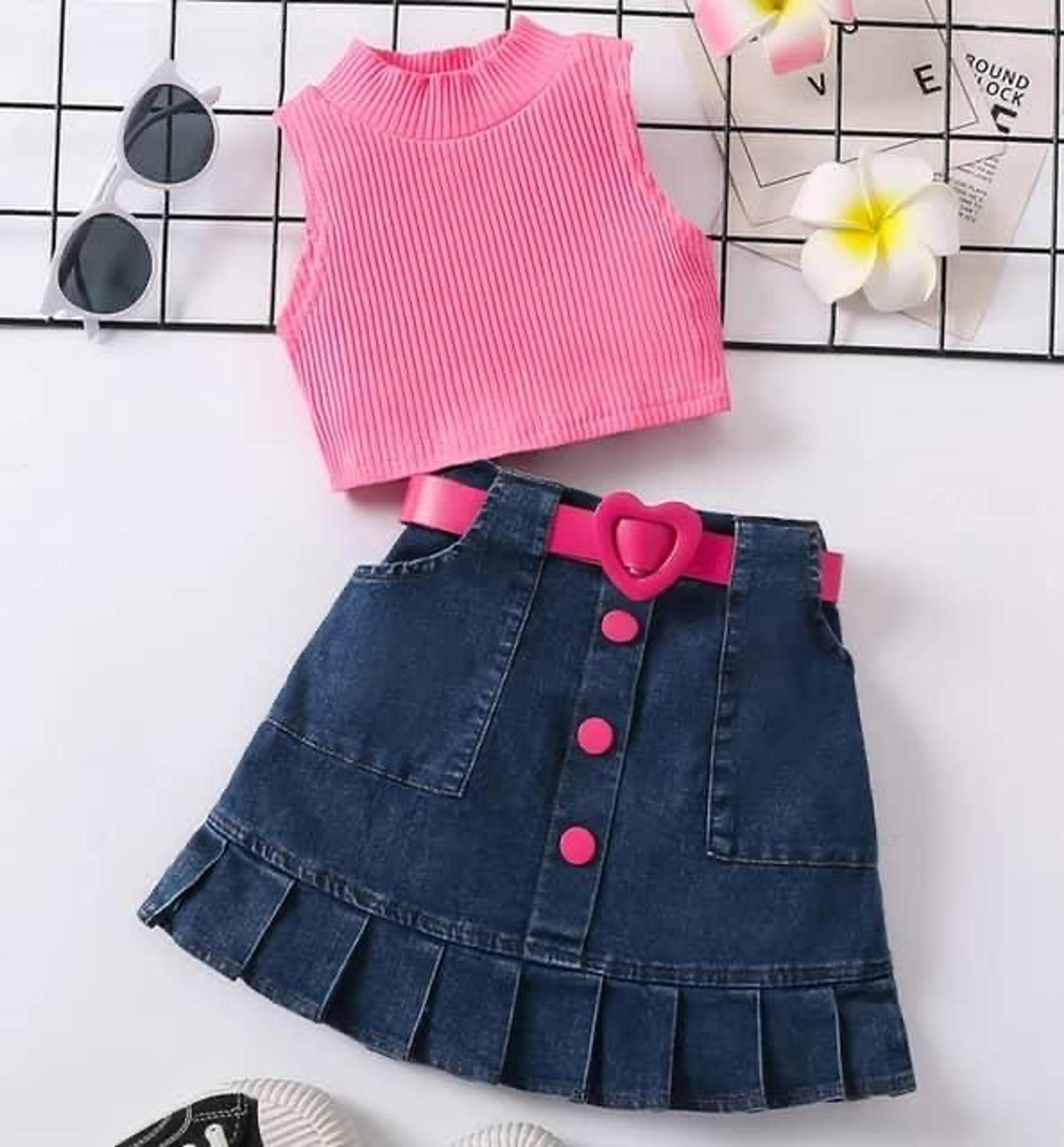Girls' Pink Crop Top & Denim Skirt Set