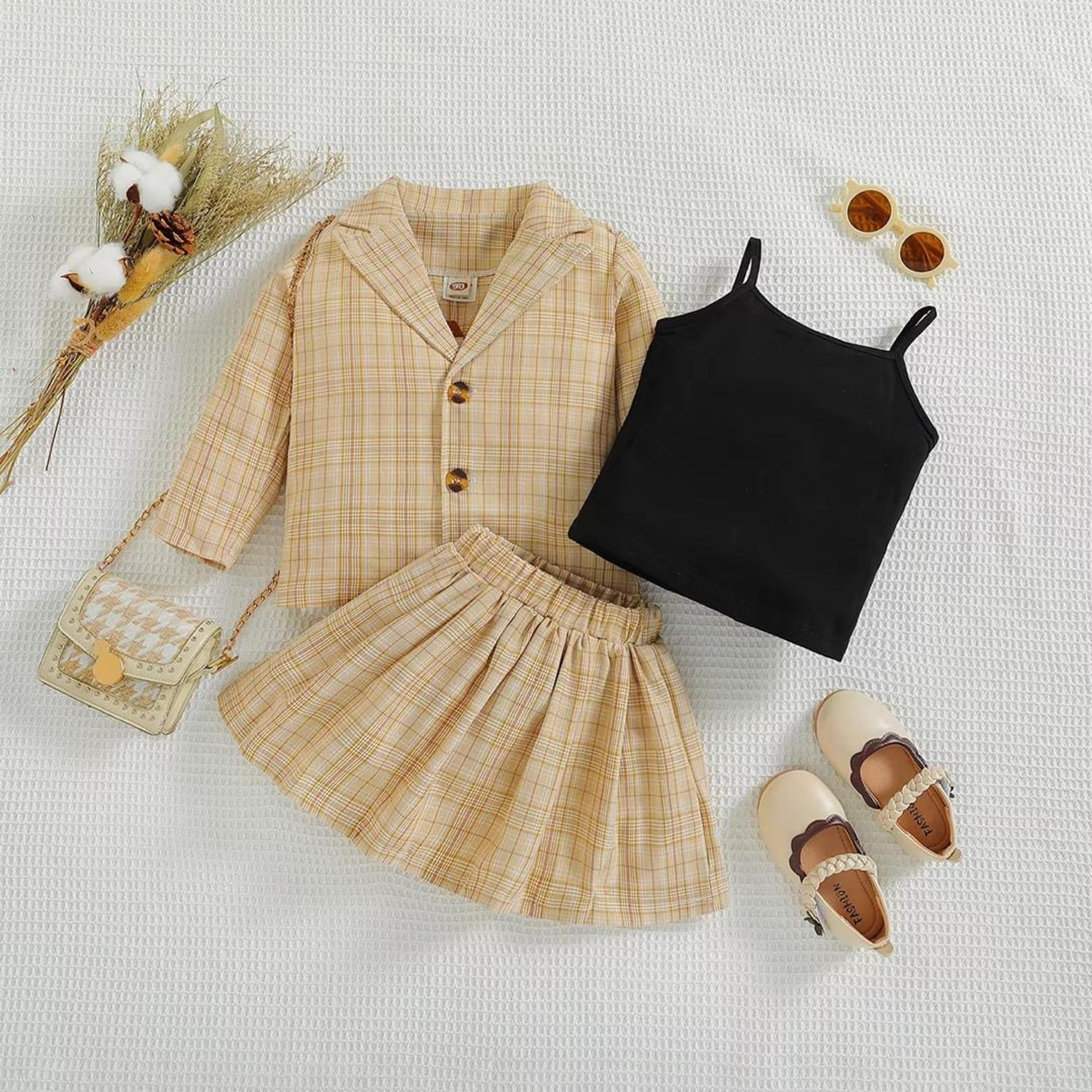 Girls' Plaid Blazer, Camisole & Skirt Set