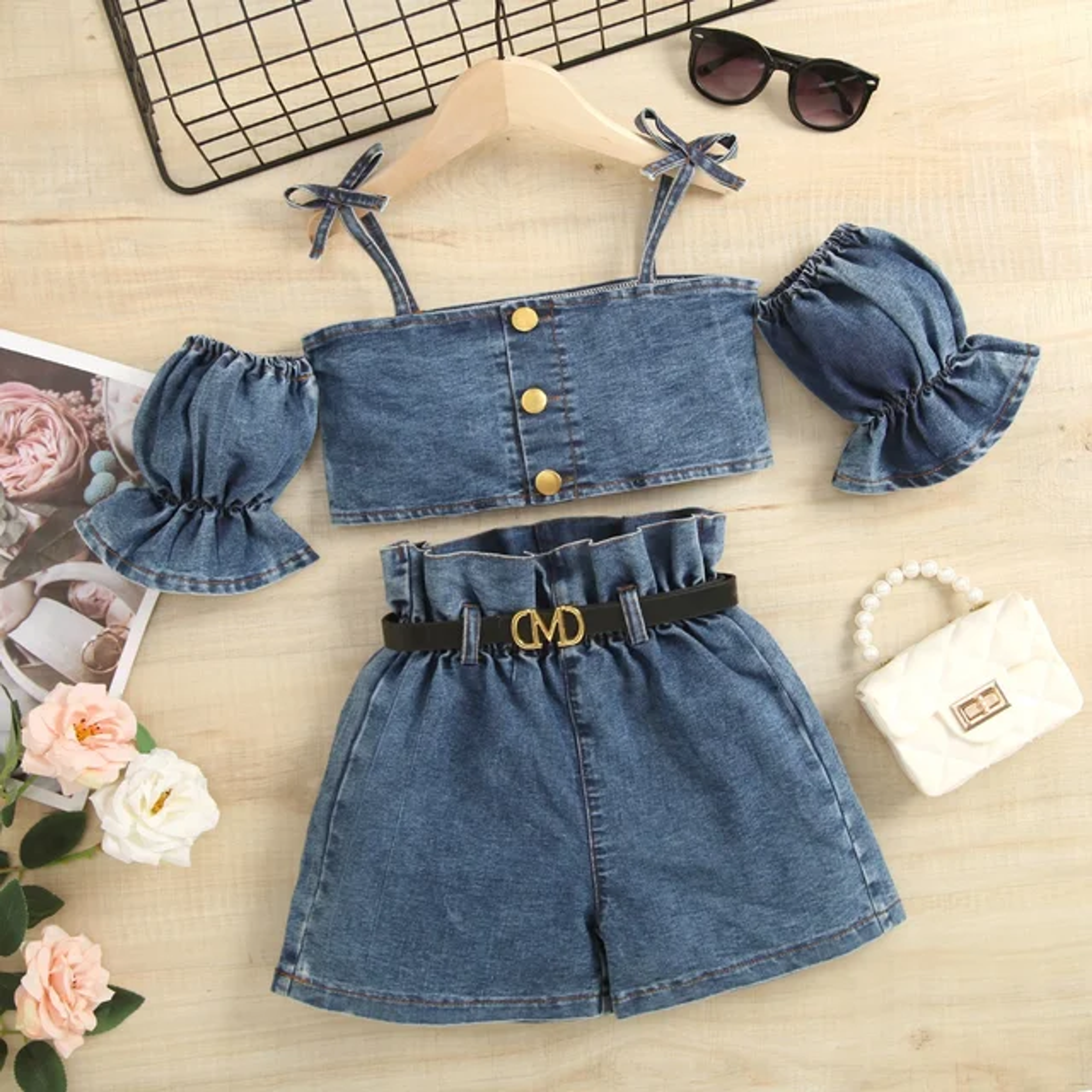 Girls' Denim Two-Piece Shorts Set