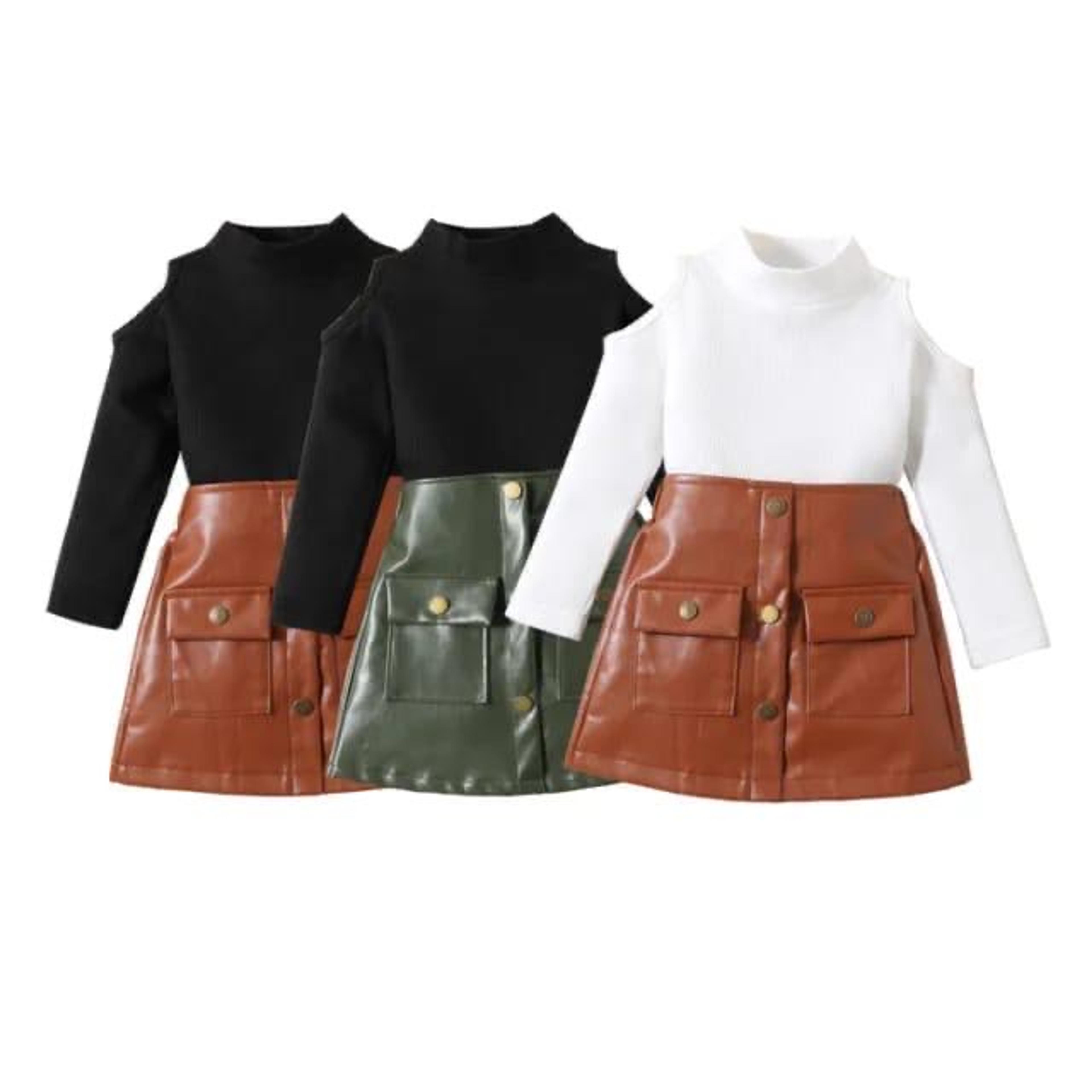 Girls' Cold-Shoulder Top & Faux-Leather Skirt Set