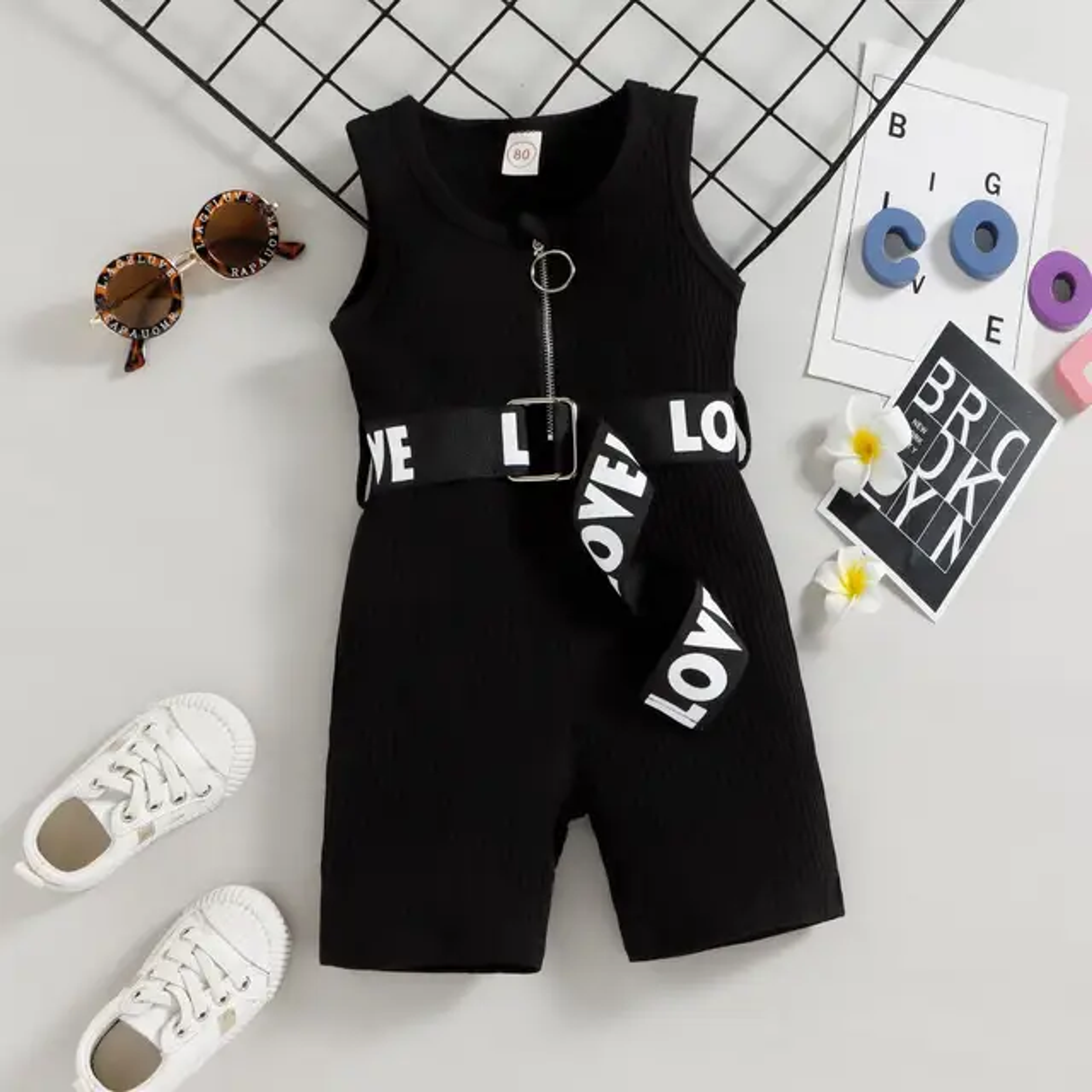 Girls' Sleeveless Belted Romper